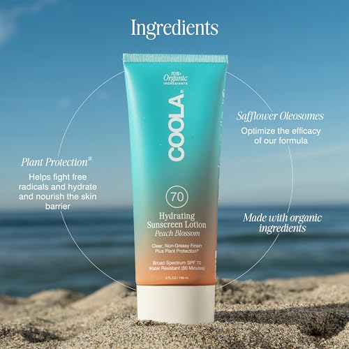 COOLA Organic Sunscreen SPF 70 Sunblock Body Lotion, Dermatologist Tested Skin Care for Daily Protection, Vegan and Gluten Free, Peach Blossom, 5 Fl