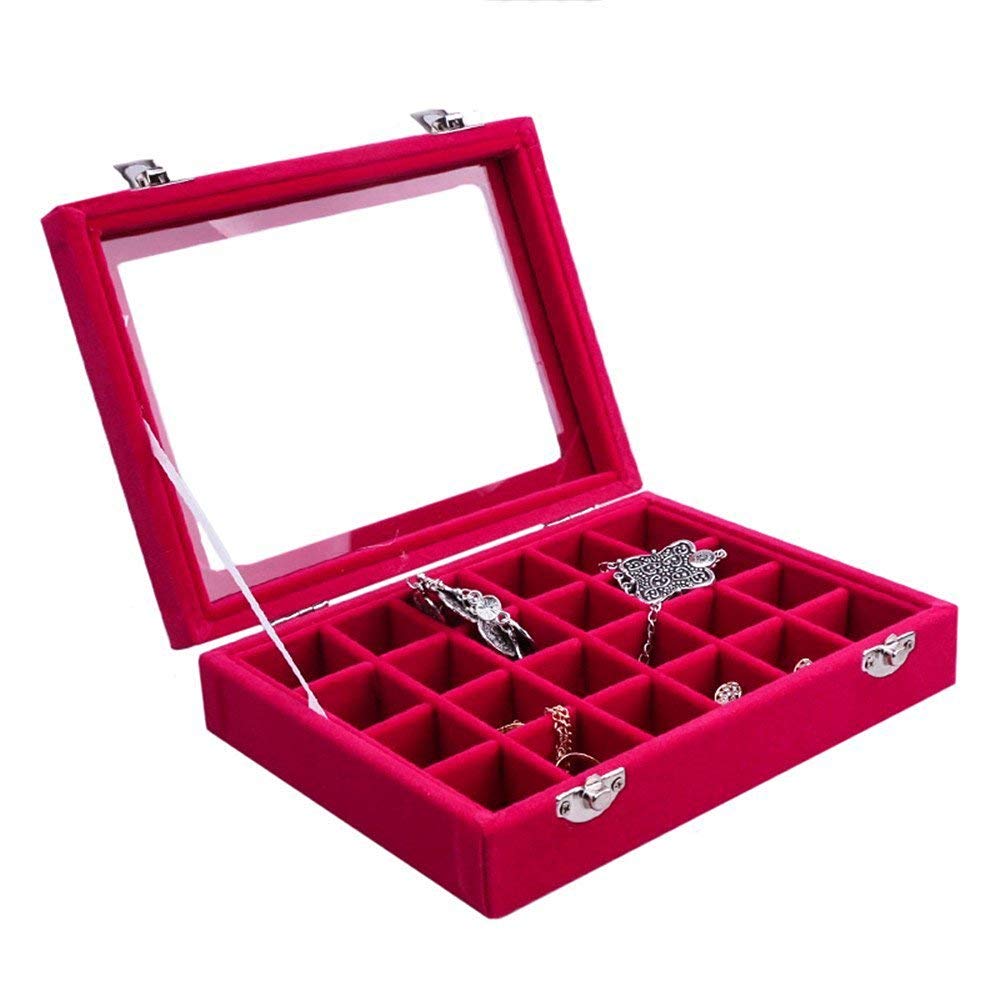Novadeal 24 Grids PU Velour Leather Multipurpose Jewellery Storage Box Ring/Earrings/Necklace Tray Display Case Organizer - Pink