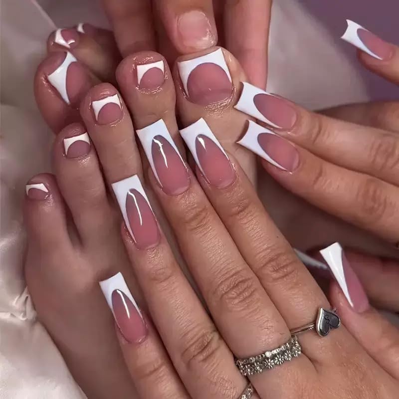 NHIXK 60Pcs Medium Press on Nails & White French Tip Press on Toenails, Square Fake Nais Full Cover Stick on False Nails for Women Beauty and Personal Care NHIXK