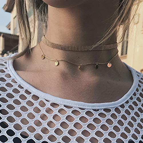 DoubleNine Disc Choker Silver Sequins Coin Bohemian Necklace Layered Delicate Collar for Women Bride Girls