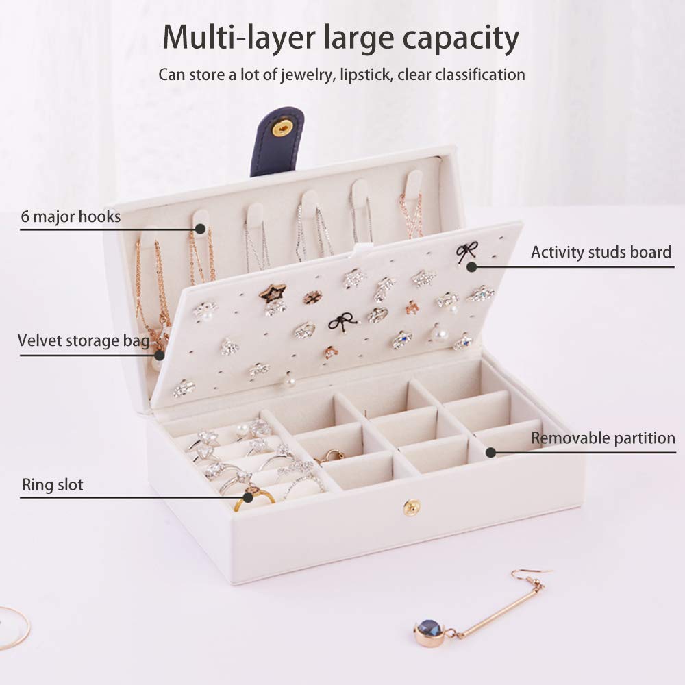 Fullgaden Jewelry Box,Necklace Ring Storage Organizer Double Layer Travel Synthetic Leather Jewel Cabinet Gift Case for Women, White