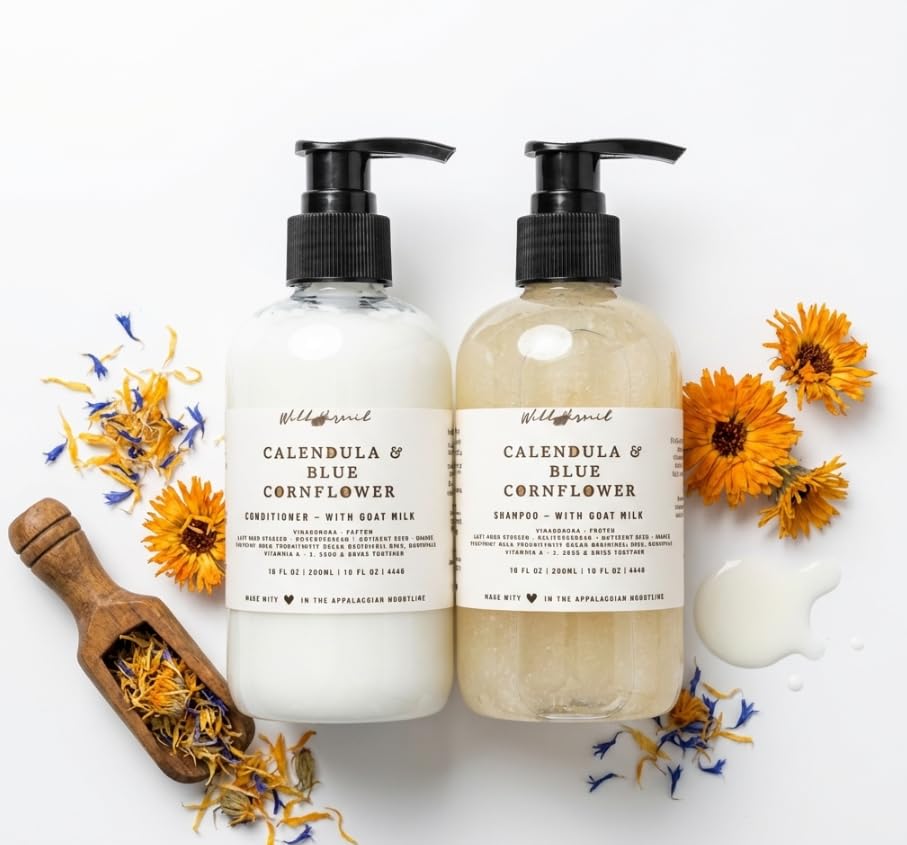 Wild Hermit Wellness Calendula and Blue Cornflower Goat Milk Shampoo and Conditioner Set, Soften and Shine, 10 oz Each, 2 Count