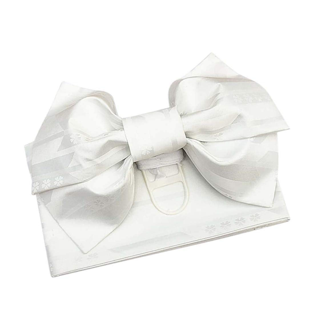 Japanese Traditional Pre-Tied OBI Belt Sakura Jacquard Weave Bow Tsukuri OBI Kimono Sash Yukata Robe Accessories (White)