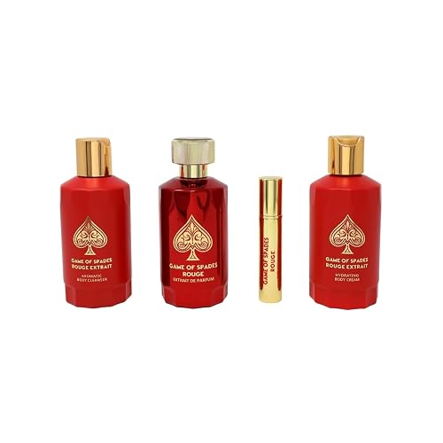 Jo Milano Game of Spades ROUGE EXTRAIT 4-Piece Gift Set Unisex, (3.4 Oz Extrait de Parfum Spray + 6.8 Oz Body Cleanser + 6.8 Oz Body Cream + 0.27 Oz