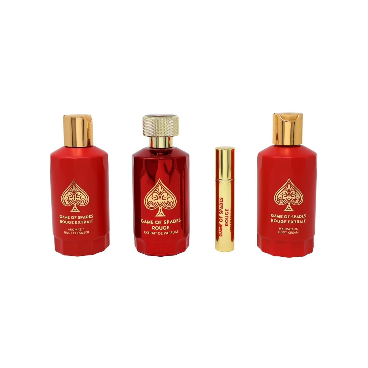 Jo Milano Game of Spades ROUGE EXTRAIT 4-Piece Gift Set Unisex, (3.4 Oz Extrait de Parfum Spray + 6.8 Oz Body Cleanser + 6.8 Oz Body Cream + 0.27 Oz