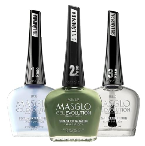 MASGLO GEL EVOLUTION Nail Polish Gel Effect, No UV/Led Lamp, Duration Up to 12 days, 3 PCs -Base, Esmalte Color, Brillo - Efecto Gel sin necesidad de Beauty & Personal Care MASGLO