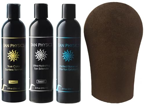 Tan Physics True Color Sunless Tanner, Exfoliator & Tan Extender 8oz with Tanning Mitt - Self-Tanning Lotion - Streak-Free, Natural Glow