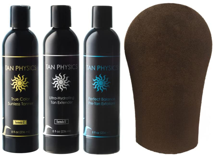 Tan Physics True Color Sunless Tanner, Exfoliator & Tan Extender 8oz with Tanning Mitt - Self-Tanning Lotion - Streak-Free, Natural Glow