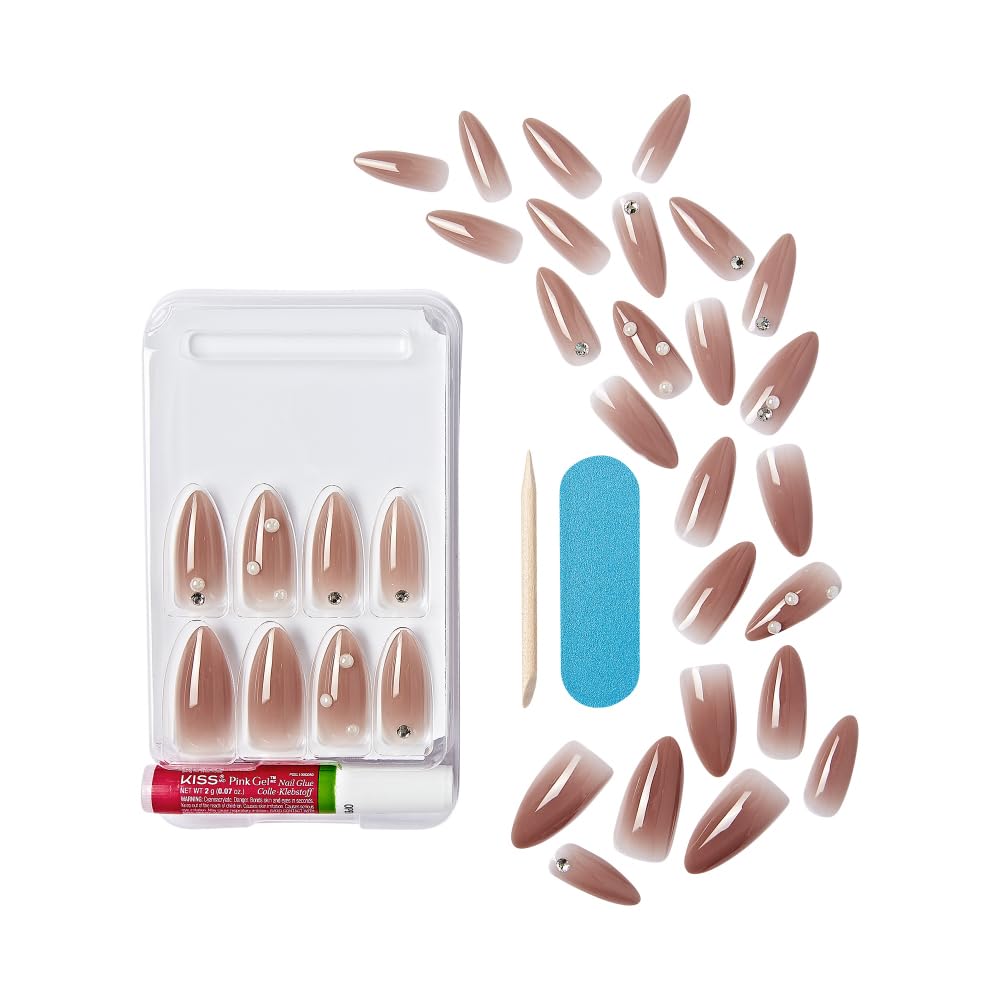 KISS False Nails Kit, Bare but Better Ready to Wear Sculpted Nails, Stick and Glue Included, Long Length, Almond Shape with Pearl Rhinestones Beauty & Personal Care KISS