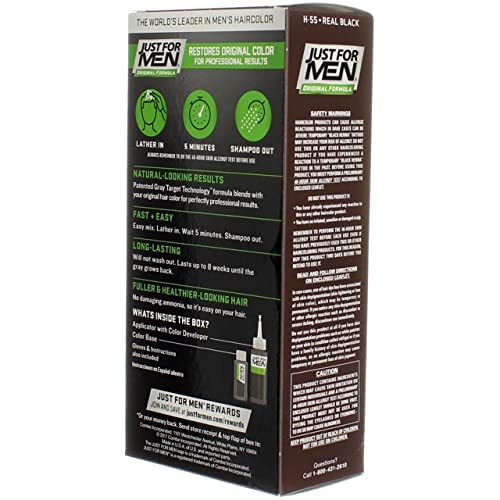 Just for Men Shampoo-In-Color, Real Black H-55, Single Application Haircolor Kit