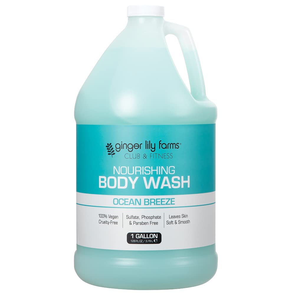 Ginger Lily Farms Club & Fitness Nourishing Body Wash, 100% Vegan & Cruelty-Free, Bath & Shower Gel for Men and Women, Ocean Breeze Scent, 1 Gallon