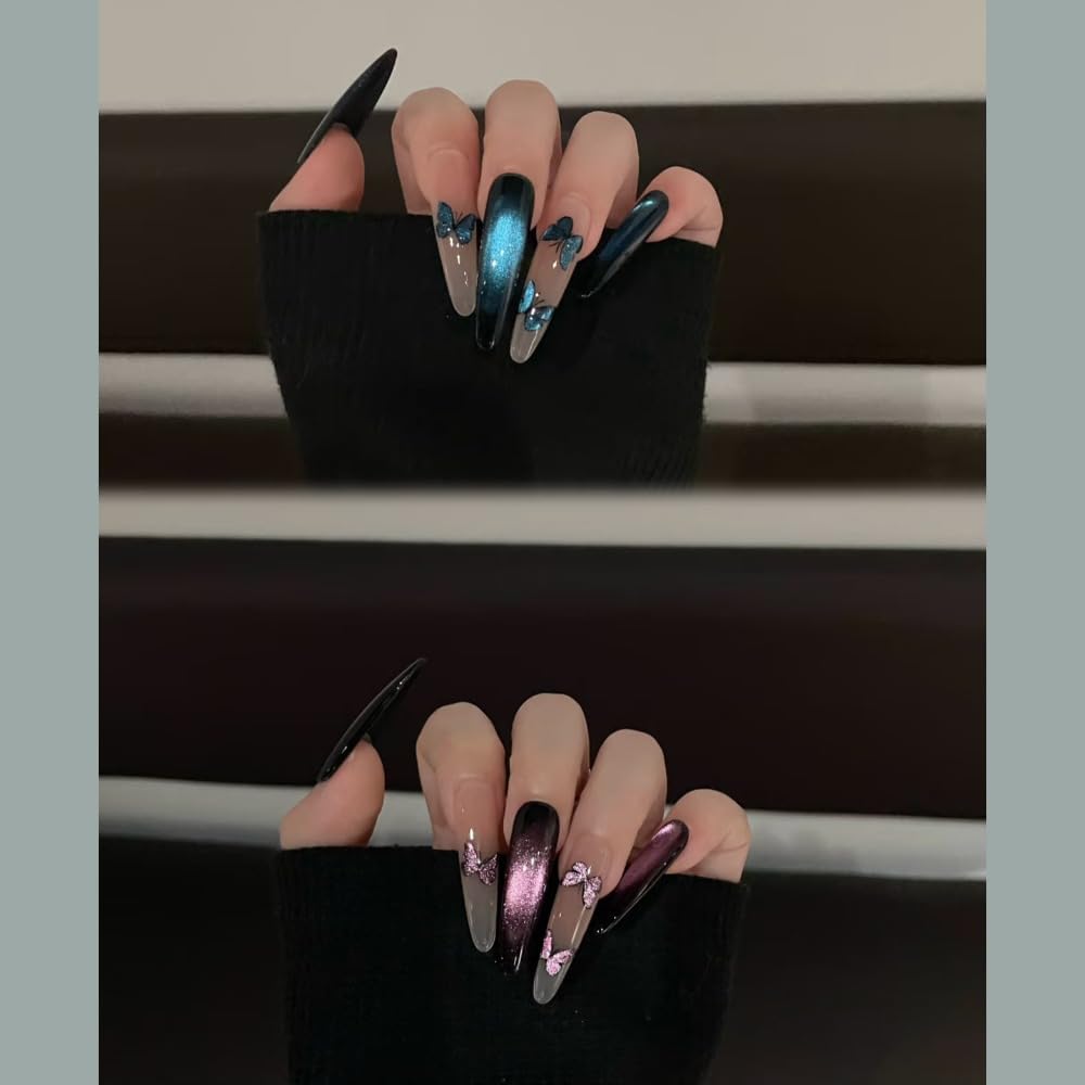 Glazed Beads Cat Eye Press on Nails with Butterfly, Purple Blue Rhinestone Almond Stiletto False Nails (1110 Blue Fantasy Butterfly Long Oval,S) Beauty & Personal Care Waillynice