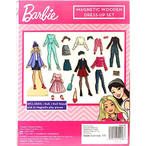 Barbie Magnetic Wooden Dress Up Toy - Pretend Play Set with Wooden Barbie Doll, Mix & Match Outfits & Storage Box - Educational Magnetic Toy for…