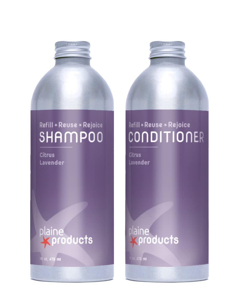 Plaine Products Eco-Friendly Shampoo and Conditioner Set - Citrus Lavender - Sulfate/Paraben/Phthalate Free, 16oz (Refill Bottles - No Pumps)