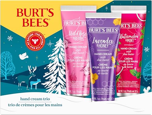 Burt's Bees Christmas Gifts, 3 Body Skincare Stocking Stuffers, Shea Butter Hand Cream Trio Set - Lavender Honey, Watermelon Mint & Wild Rose Berry