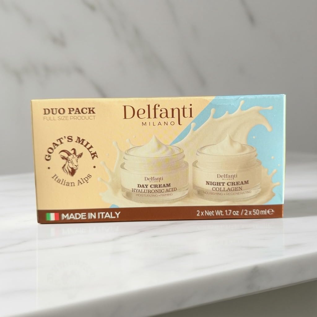 Delfanti-Milano • FULL SIZE DUO PACK • GOAT'S MILK with HYALURONIC ACID Day Cream and GOAT'S MILK with COLLAGEN Night Cream • Face and Neck
