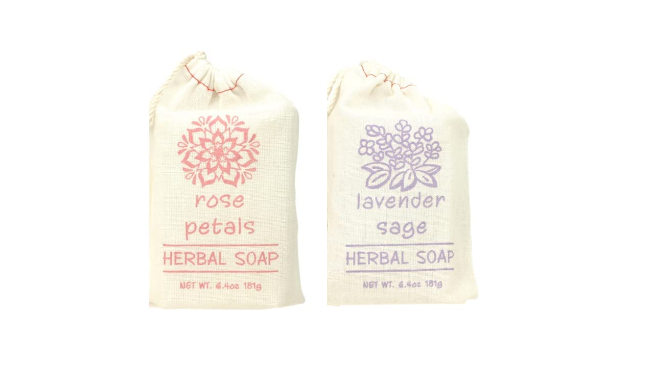 Greenwich Bay Trading Set of 2 Herbal Soaps Lavender Sage and Rose Petal - 6.4 Oz Bars Wrapped in Drawstring Cloth Sacks-Enriched with Shea Butter