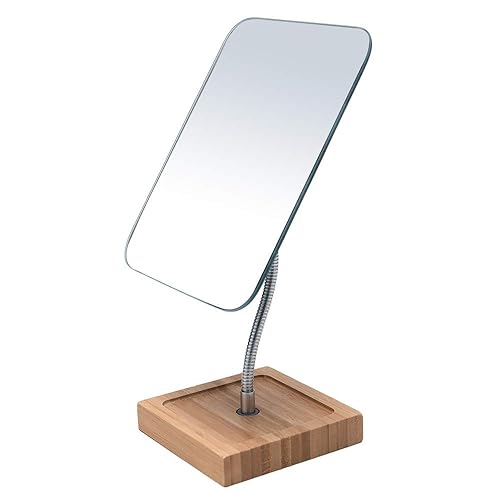 YEAKE Flexible Gooseneck Bamboo Vanity Makeup Mirror,360°Rotation 8" Large Frameless, Folding Portable Table Desk Mirror with Stand for Bathroom