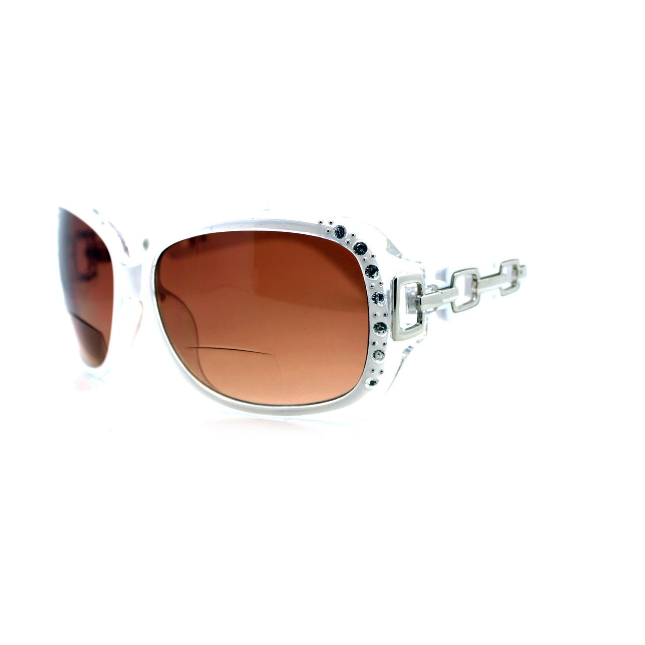 Womens Bifocal Lens Sunglasses Oversized Square Rhinestone Frame White +3.50
