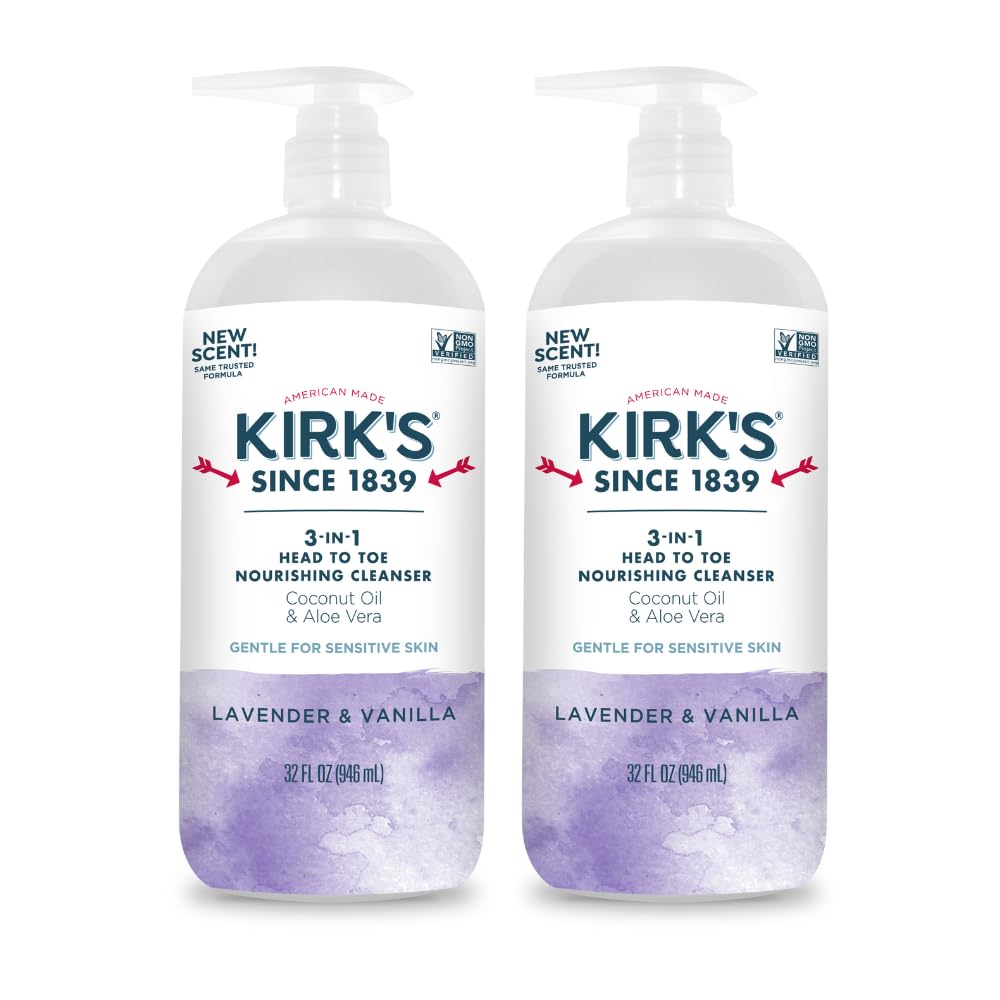 Kirk's 3-in-1 Head to Toe Nourishing Liquid Cleanser- for Men, Women & Children - Premium Coconut Oil & Aloe Vera- Non GMO & Vegan - Lavender