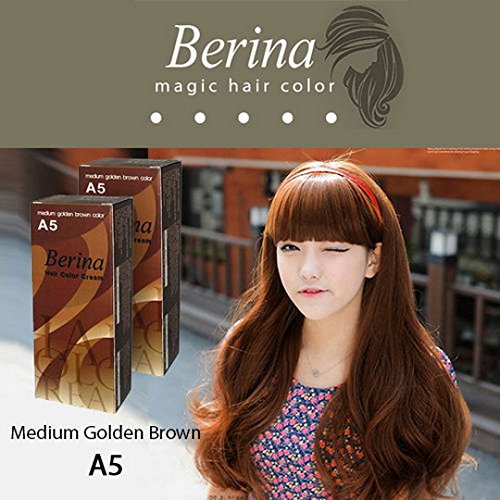 Berina A5 Hair Color Cream Dye Medium Golden Brown Pack of 1 Super Permanent Fashion Unisex Containing an Innovative Component that Protects