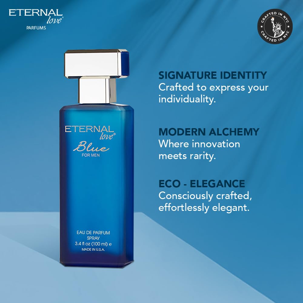 Eternal Love Blue for Men - Long Lasting Eau de Parfum Spray - Fresh Marine Scent with Musk & Warm Woods- Light and Breezy Fragrance - 3.4oz