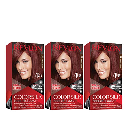 Revlon Permanent Hair Color, Permanent Hair Dye, Colorsilk with 100% Gray Coverage, Ammonia-Free, Keratin and Amino Acids, 49 Auburn Brown, 4.4 Oz