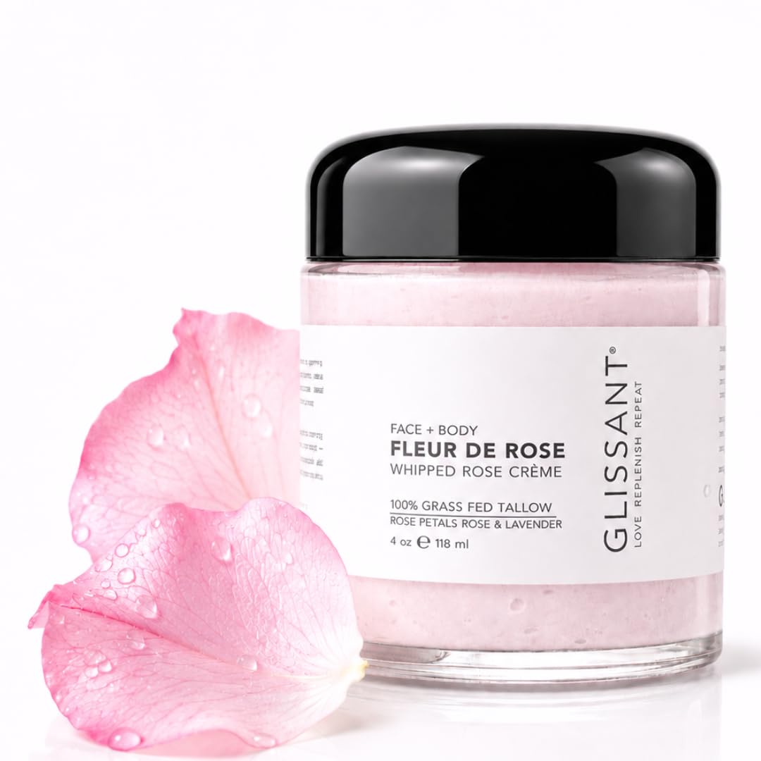 GLISSANT Rose Tallow Crème with Lavender | Grass-Fed Whipped Beef Tallow for Face + Body | Moisturizer for Dry Sensitive Skin | Extra Filtered No Beef