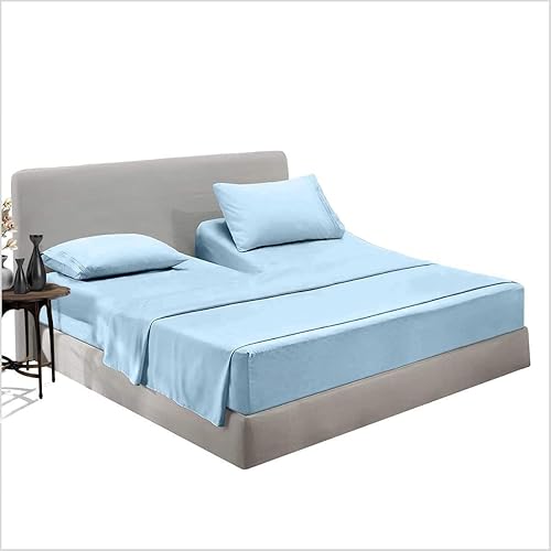 Top Split King Sheet Set 1800 Threads with Pillowcases for Adjustable Mattress (4 PC's Sheet Set, Down 34-36", Top Split King Flex Head, Light Blue)
