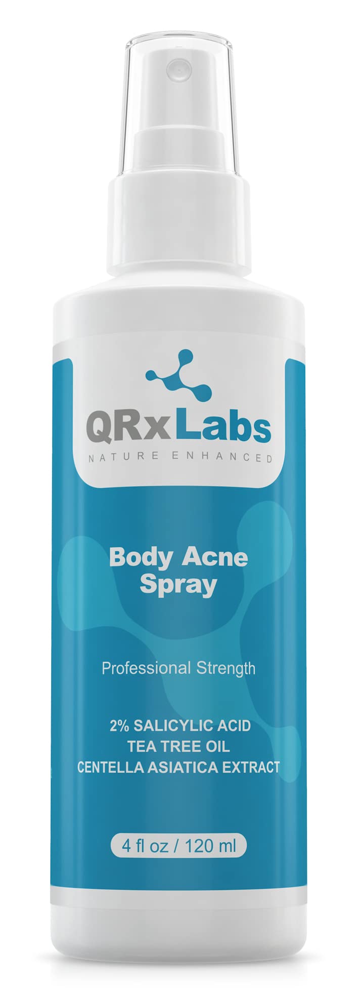 QRxLabs NEW! Body Acne Spray with 2% Salicylic Acid, Tea Tree Oil and Centella Asiatica Extract - Controls breakouts on back, arms, chest-  4 fl oz