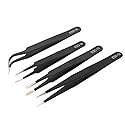 AKOAK 4 Pcs ESD Tweezers Set Anti-Static Tweezers Stainless Steel Tweezers for Eyelash Extension,Electronics, Jewelry-making - Straight and Curved Tip