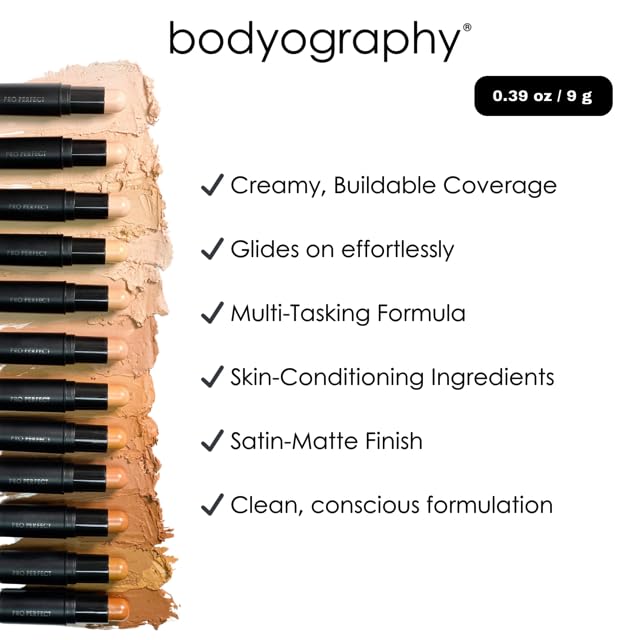 Bodyography Pro Perfect Foundation Stick - Demi-Matte Finish with A Natural Look - Enhancer for Concealing, Highlighting, and Contouring - Vitamin C