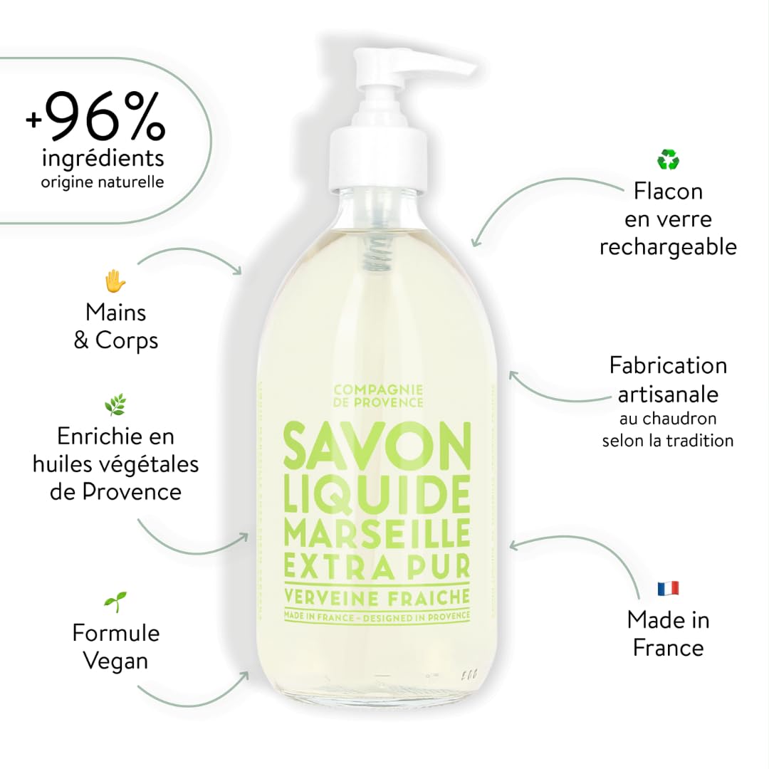 Compagnie de Provence Savon de Marseille Extra Pure Liquid Soap - Fresh Verbena - 16.7 Fl Oz Glass Pump Bottle