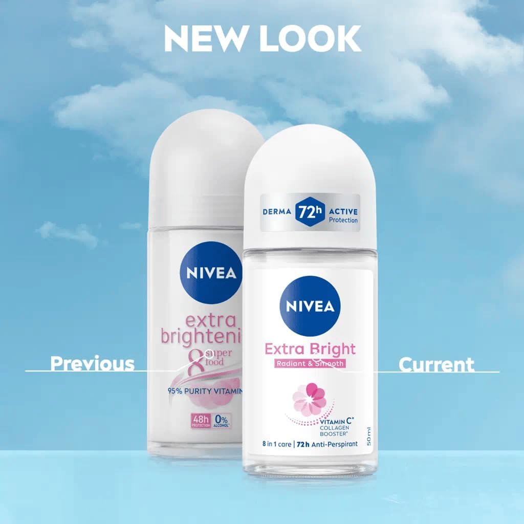 NIVEA Extra Brightening Flavor, Roll-On Deodorant, Alcohol-Free, 48HR Odor Protection, 50ml, 1.69oz, Pack of 3 Beauty and Personal Care NIVEA