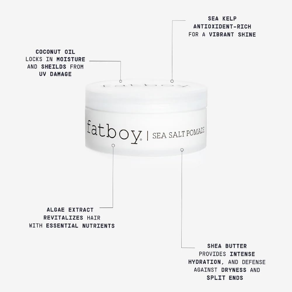 Fatboy Sea Salt Hair Pomade with Coconut Oil & Shea Butter, Lightweight Hold for Texture, Styling & Shine, Tousled Beach Waves Finish, Hair Care