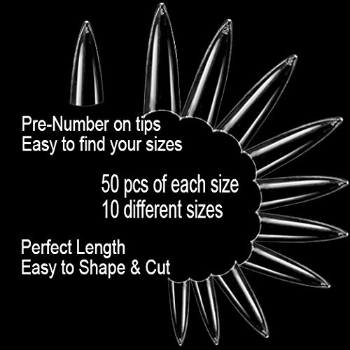BeYou Clear Long Stiletto 500pcs False Fake Gel Nail Tips,10 Sizes With Clear Plastic Case For Nail Salon Nail Shop