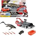 Mattel Matchbox Toy Car Playset, Jurassic World 12.5” Dino Boat with 13” Mosasaurus Dinosaur, 1:64 Die-Cast Jeep, Harpoon Missiles & Detachable…