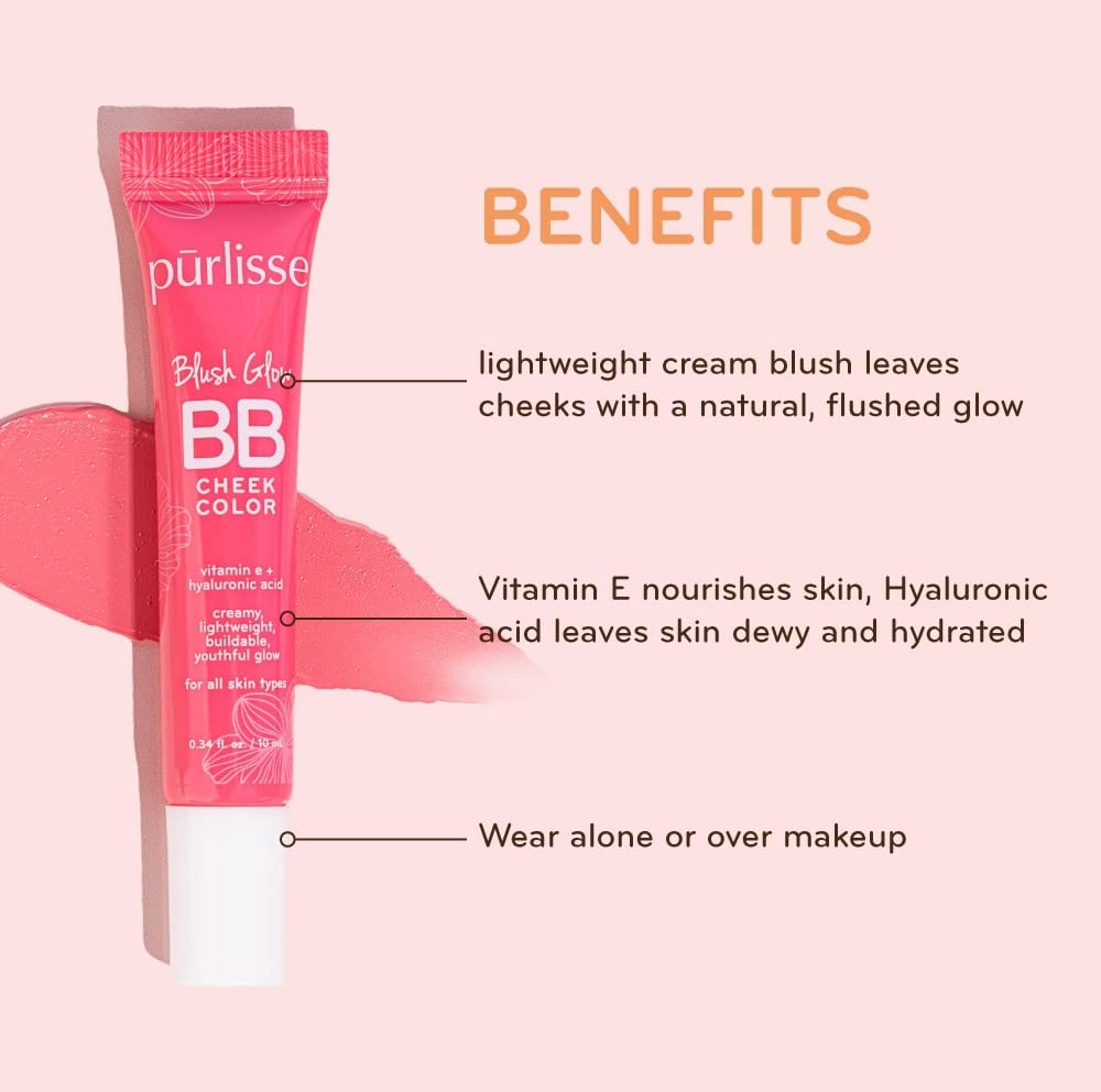 pürlisse Blush Glow BB Cheek Color - Dewy Liquid Blush for Cheeks - Enriched with Vitamin E & Hyaluronic Acid - Creamy, Lightweight & Buildable