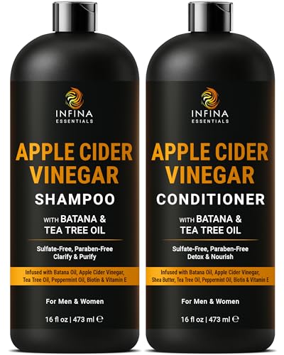 INFINA ESSENTIALS Apple Cider Vinegar Shampoo and Conditioner Set | Clarifying & Detoxifying for Oily Scalp | 16 fl oz Each | with Batana Oil, Biotin