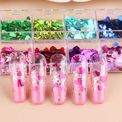 Heart Nail Art Glitter Sequins Heart Valentines Nail Art Sticker Decals Laser Love Heart Glitter Flakes for Manicure Make Up DIY Nail Decoration