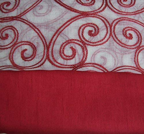 Decorative Red Fabric Shower Curtain: Scroll Embroidery on Sheer Panel Design