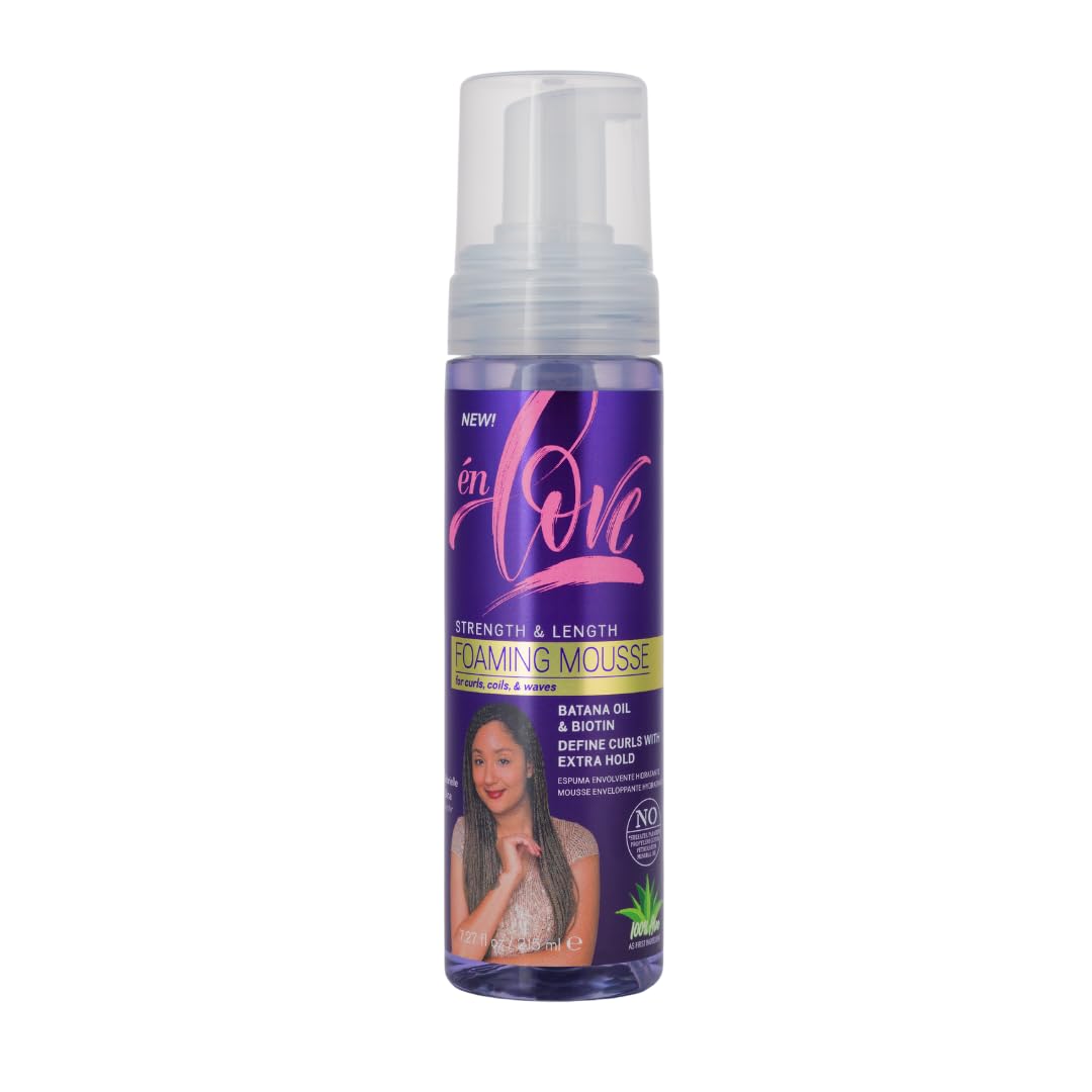 én Love Strength & Length Extra Hold Foaming Mousse - With Organic Batana Oil, Rosemary & Caffeine - Defines Curls, Sets Wraps, Braids, Twists & Locs