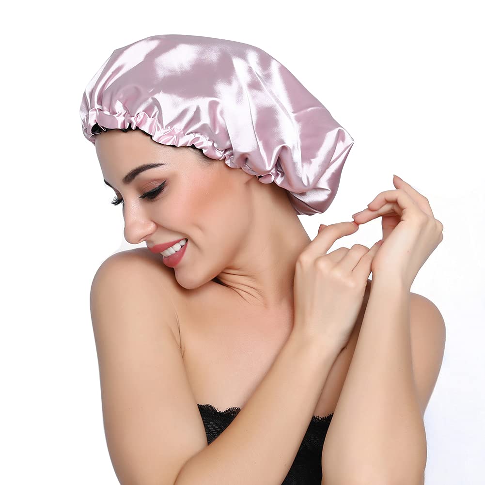 ELIHAIR Stain Bonnet Silky Sleep Cap Adjustable Satin Cap for Night Sleeping Hair Bonnet Reversible Double Layer Light Purple/Black