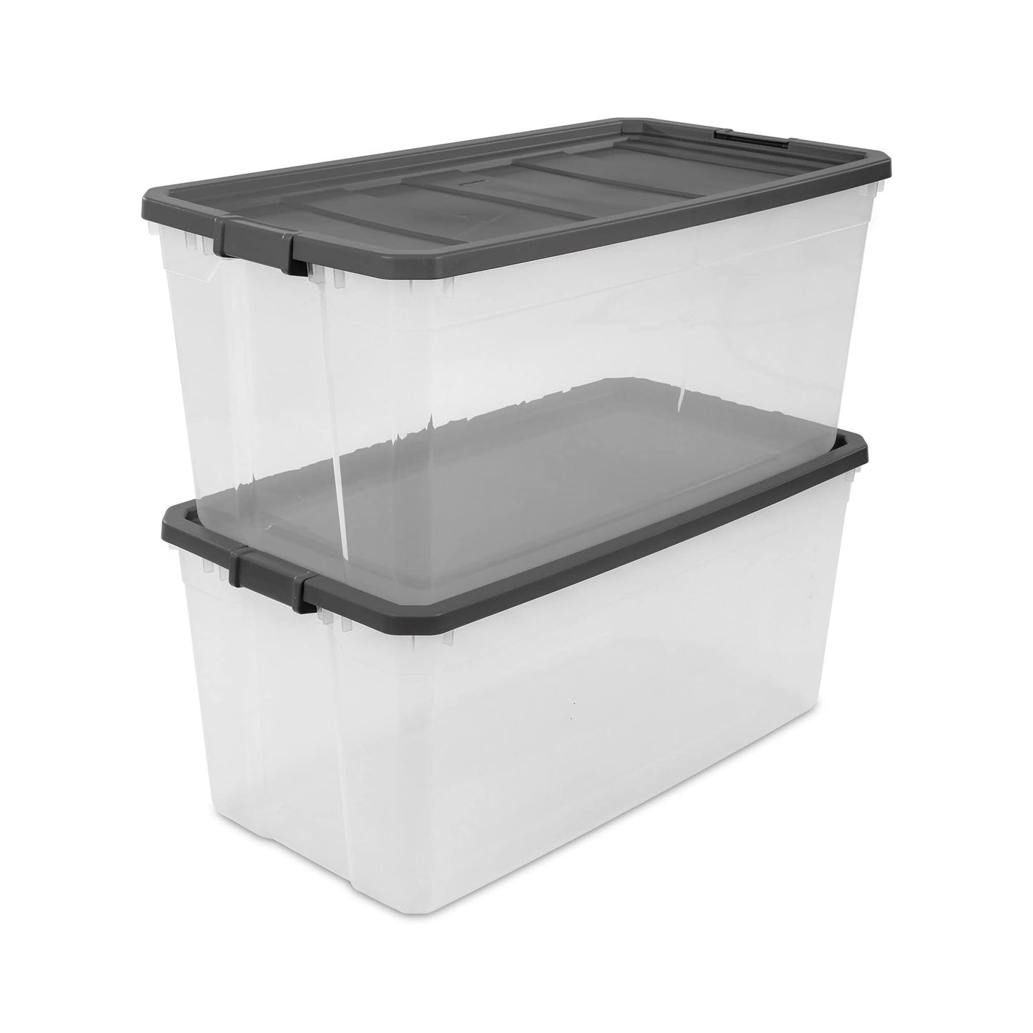 Sterilite 200 Quart Clear Plastic Modular Stacker Storage Bin Tote Container with Latching Lid, Clear Base, and Textured Sure-Grip Surface, Flat Grey