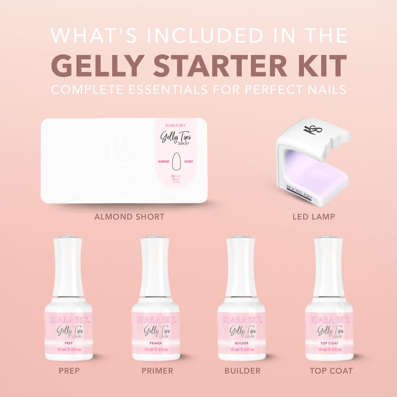 Kiara Sky Gelly Tips Starter Kit | Includes Prep, Primer, Builder, Top Coat, Tips | Almond Short