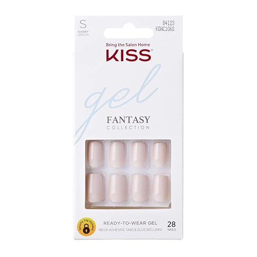KISS Gel Fantasy Ready-to-Wear Press-On Gel Nails, “Here I Am”, Short, White, Nail Kit with 24 Mega Adhesive Tabs, Pink Gel Glue, Manicure Stick, Mini