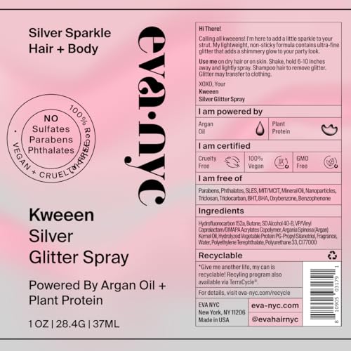 Eva NYC Kweeen Silver Body and Hair Glitter Spray for Shimmer, Washable Glitter Hairspray for Any Party Look, 4.9 oz