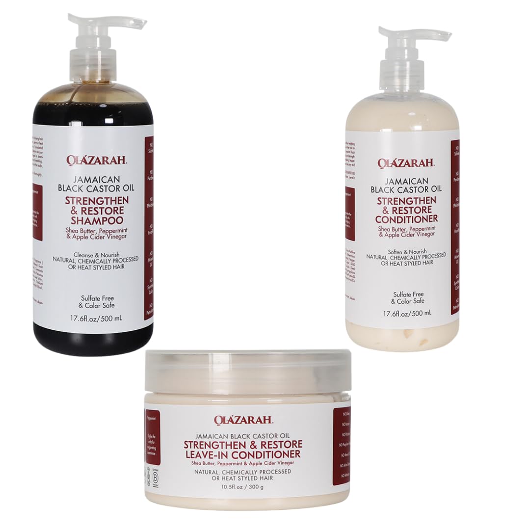 OLAZARAH Jamaican Black Castor Oil Hair Care Bundle | Conditioner(17 Fl. oz), Shampoo(17 Fl.oz), Leave-in Conditioner(10 oz) | Fortify, Strengthen