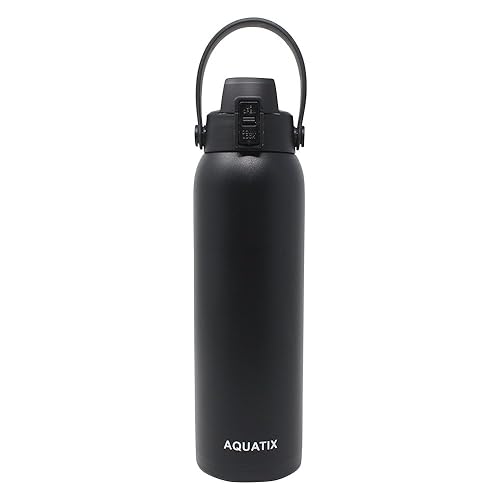 New Aquatix (Black, 32 Ounce) Pure Stainless Steel Double Wall Vacuum Insulated Sports Water Bottle Convenient Flip Top Cap with Removable Strap