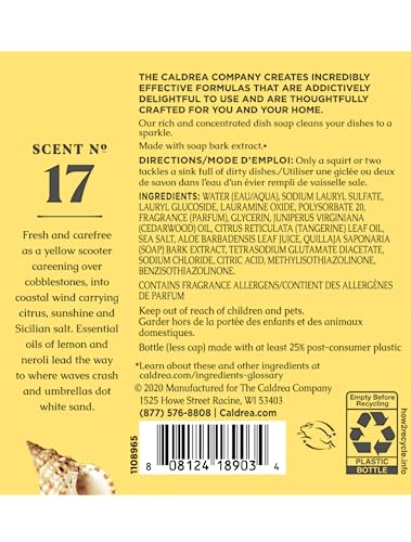 Caldrea Dish Soap, Biodegradable Dishwashing Liquid made with Soap Bark and Aloe Vera, Sea Salt Neroli, 16 oz